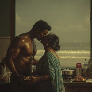 Hyperrealism .a muscular sweaty indian man standing and kissin...