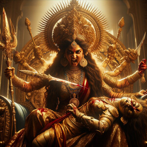 portrait of angry looking goddess durga, sitting on a gold crown and carrying a weak mahishasur on her lap and stabbing him with her amazingly designed trident. She is wearing gold armor, a huge gold crown, red saree, abundant gold jewelry, covered in blood. The scene is set in ancient India. The image is 8K resolution, cinematic, ultra detailed face and epic.