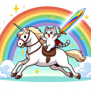 A cartoon of a cat riding on a white horse with a rainbow sword,...