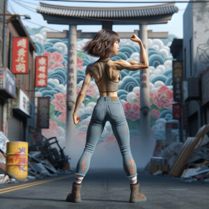 Athletic Thin skinny Attractive, Asian teenage girl, long brown hair and bangs, wearing tight skinny jeans and a halter top paint marks on her clothing, heroic pose Asian graffiti background, backside view