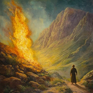 Illustrate the biblical scene where Moses encounters the burning...