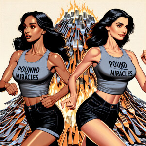 Two beautiful 25-year-old women running past a huge pile of burn...