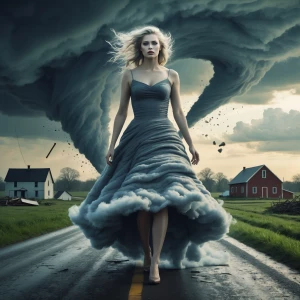 a woman wearing a tornado as a dress, the skirt merges into dark clouds in the sky and swirls pulling objects into it, her hair is wild in the wind, she walks forward her face porcelain white with pale pink lips, the woman wears the dress walking down a country road leaving destruction of houses and farms in her wake