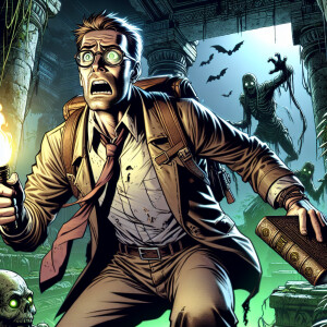 A comic book style scene of a middle-aged man with short, light...