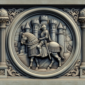 3d bas relief of a knight on a horse in front of a castle, round...
