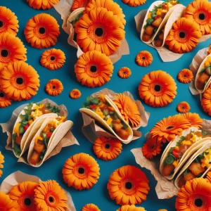 Goofy Modern fun thanksgiving background with tacos, orange gerb...