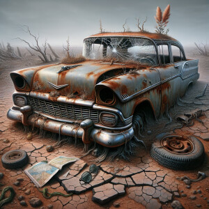 Create an ancient, rusted car in the heart of a desolate landsca...