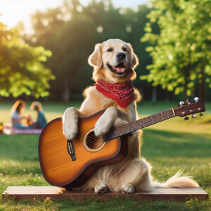 a dog playing guitar