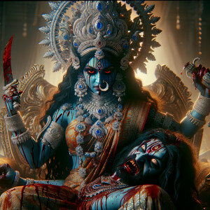 portrait of intense looking goddess kali, blue skinned, sitting on a gold crown and carrying a weak mahishasur on her lap and stabbing him with her amazing long red finger nails. She is wearing diamond armor, a huge diamond crown, red saree, abundant diamond jewelry, covered in blood. The scene is set in ancient India. The image is 8K resolution, cinematic, ultra detailed face and epic.