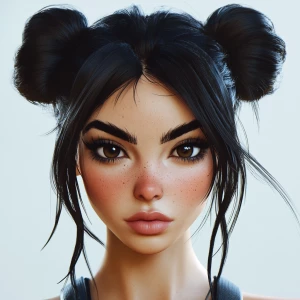 girl with black hair, big black eyebrows, pumped up lips, potato...