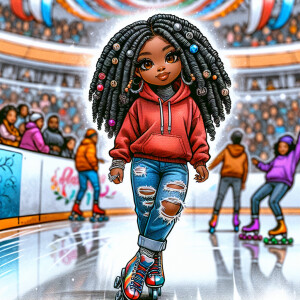 Ink wash:  Skating Rink landscape, An African American thick Chi...
