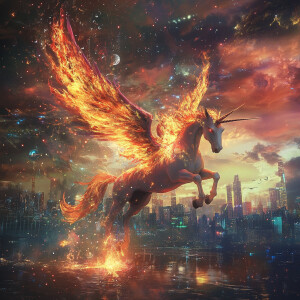 Create a vivid scene featuring a Fire Pegasus or a unicorn, surr...