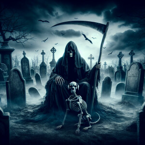 A  realistic photograph of grim reaper. he is sitting in graveya...