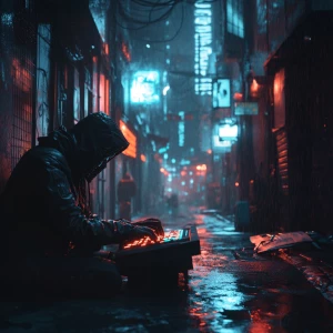 Dramatic splash art. A lone cyberpunk hacker sits hunched over a...