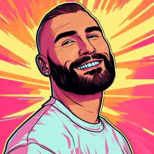 White muscular thin man with beard, big chin, smile and cheekbon...