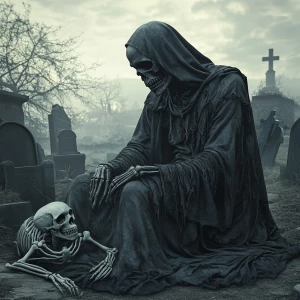 Create a realistic photo-style image of the Grim Reaper seated s...