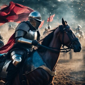 Create a double exposure image that combines two medieval knight...