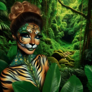 Hollywood make-up, a woman  painted to look like a tiger , full-...