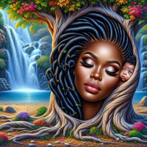 Create a close-up, hyper-realistic 3-D oil painting of a tree wi...