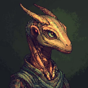 A finely crafted 2D pixel art portrait of an alien hybrid with a...