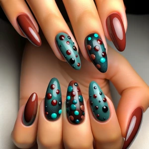 Two hands with almond shaped acrylic nails, on one hand the nail...