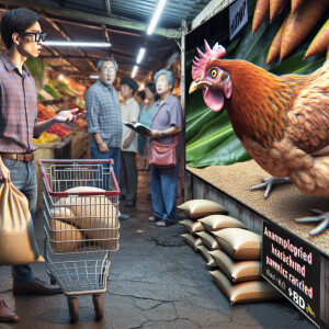 A man searches for chicken at a bustling farmers' market for his...