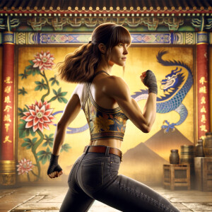 Athletic Thin skinny Attractive, Asian teenage girl, long brown hair and bangs, wearing tight skinny jeans and a halter top paint marks on her clothing, heroic pose Asian graffiti background, backside view