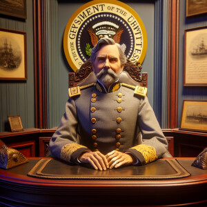 General Robert E Lee, gray uniform, sitting behind a desk in the...