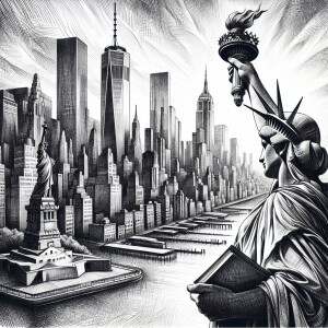 A sketch of New York City's skyline with the Statue of Liberty