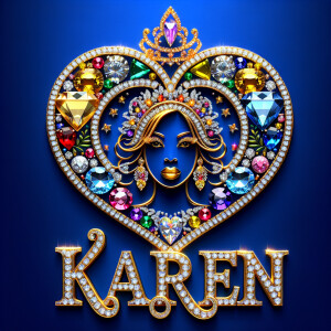 Craft a 3-D image showcasing the name 'KAREN' in a luxurious gol...