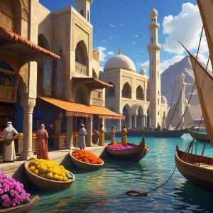 Zeige eine lebhafte arabische Hafenstadt im Mittelalter. Händler...