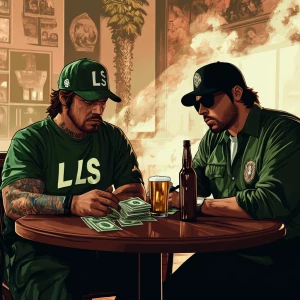 Two men sitting at a table in an urban setting, displaying a ten...