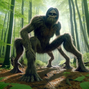 A sasquatch with human-like features, covered in thick hair, ado...