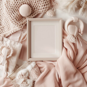 Baby announcement mockup image looking down from above with soft...