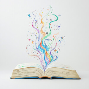 Create an image of an open book against a pure white background,...
