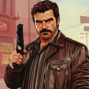 Create an image of a male character with medium-length, light br...