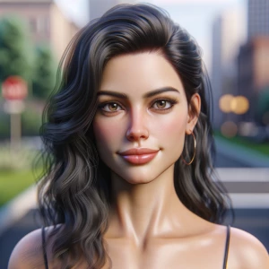 Create an image of a woman with fair skin and long, dark hair, d...