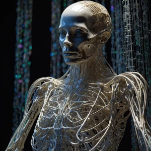 fragmented bone-and-wire exoskeleton forming a minimalist, futur...