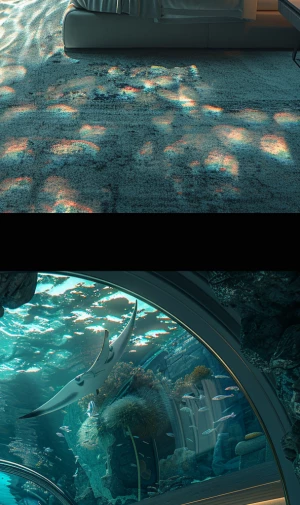 128K ultra photorealistic luxury underwater resort suite, panora...