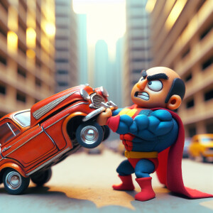 een kleine superheld verplaatst een auto