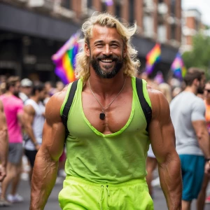 A muscular bodybuilder with blonde hair and a beard, wearing neo...