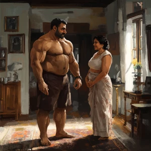 Digital art,a muscular sweaty beefy employ standing and welcomes...