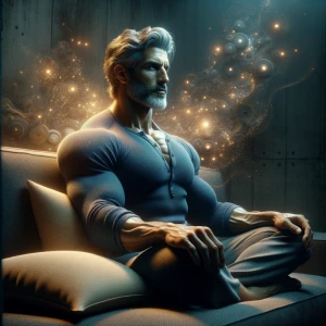The image shows a muscular bodybuilder man lying on a couch, app...