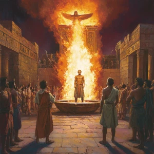 Depict an ancient regal courtyard with a towering, fierce furnace at its center. The furnace engulfs Shadrach, Meshach, and Abednego, who remain unscathed amidst the voracious flames, exuding tranquility. They are dressed in traditional ancient robes, seemingly impervious to the fire's wrath. With them, a fourth figure—an angelic presence—radiates a protective aura, his ethereal form aglow, symbolizing divine shelter.

Surrounding the furnace, astounded guards and nobles observe from afar, their faces etched in shock and wonder. The scene juxtaposes the tumultuous flames with the composed figures within, emphasizing the miracle of their survival and the power of faith and divine guardianship.