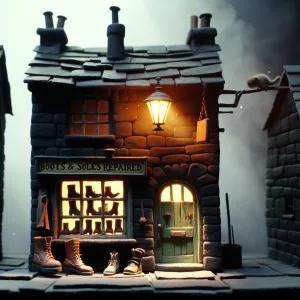 A narrow, creaking structure with blackened stone walls and a ro...