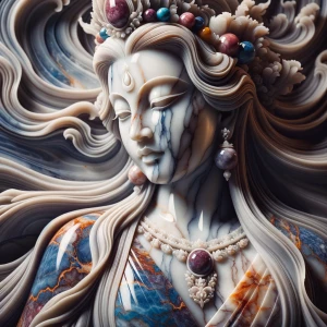 A Marble statue Of A goddess with blue saffire And red-ruby colo...