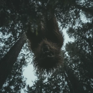 A humanoid looking hair covered sasquatch hanging upside-down hi...