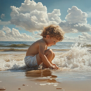 A realistic, high-quality image of a child playing on the beach