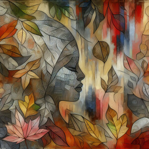 Visualize a canvas depicting vibrant autumn-colored leaves with...