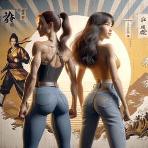 Athletic Thin skinny Attractive, Asian teenage girl, long brown hair and bangs, wearing tight skinny jeans and a halter top paint marks on her clothing, heroic pose Asian graffiti background, backside view